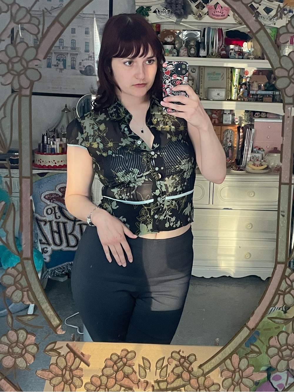 Bebe Sheer Floral Button-Front Crop To